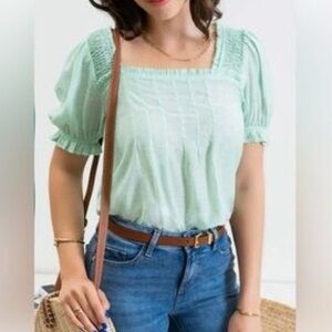 Mine Green Smocked Puff Sleeve Blouse